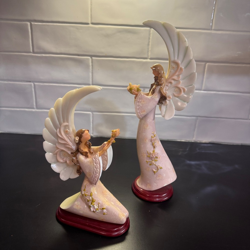 Angel Figurine Set Home Decor Pink Cream Floral Winged Statues Wood Base 2pc